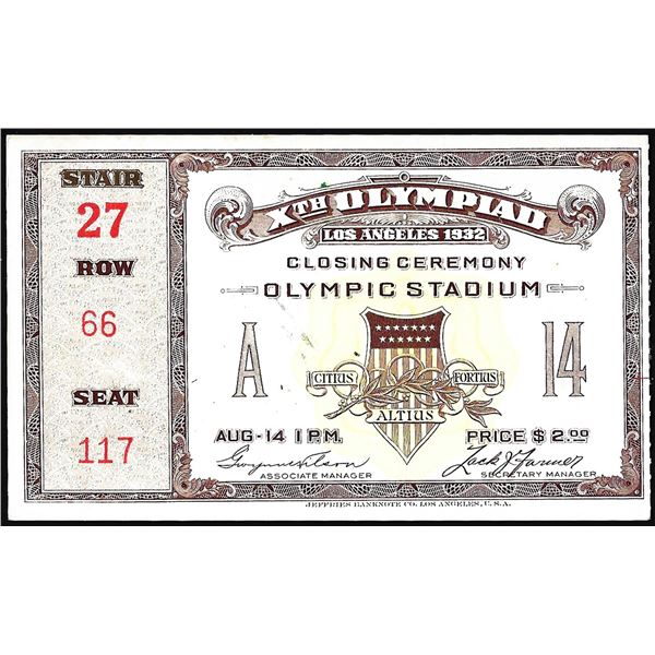 1932 Los Angeles Olympic Closing Ceremony Ticket