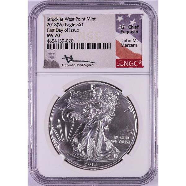 2018(W) $1 American Silver Eagle Coin NGC MS70 FDOI Mercanti Signature