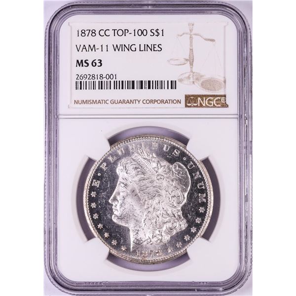 1878-CC Top 100 VAM-11 Wing Lines $1 Morgan Silver Dollar Coin NGC MS63