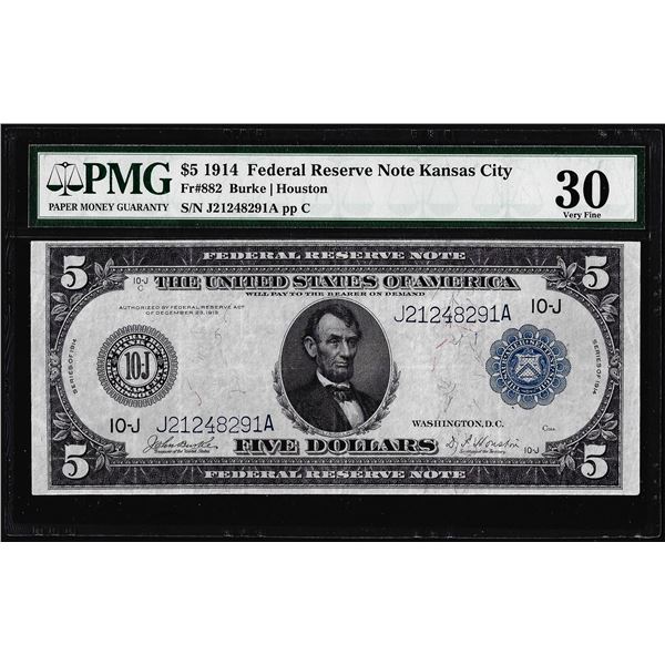1914 $5 Federal Reserve Note Kansas City Fr.882 PMG Very Fine 30