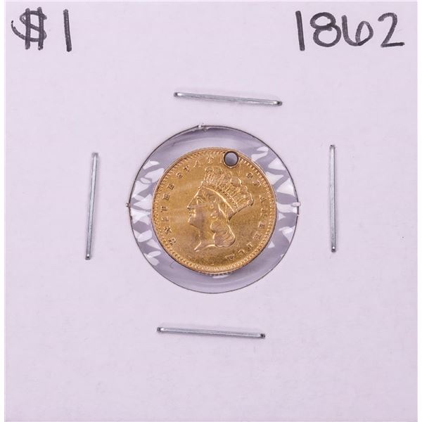 1862 Type 3 $1 Indian Princess Head Gold Dollar Coin w/ Hole