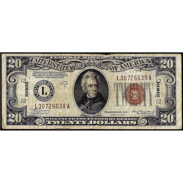 1934A $20 Hawaii WWII Emergency Issue Federal Reserve Note