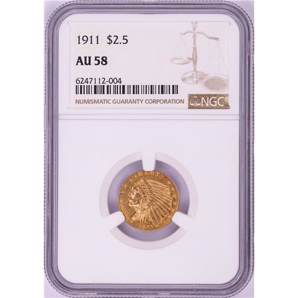 1911 $2 1/2 Indian Head Quarter Eagle Gold Coin NGC AU58
