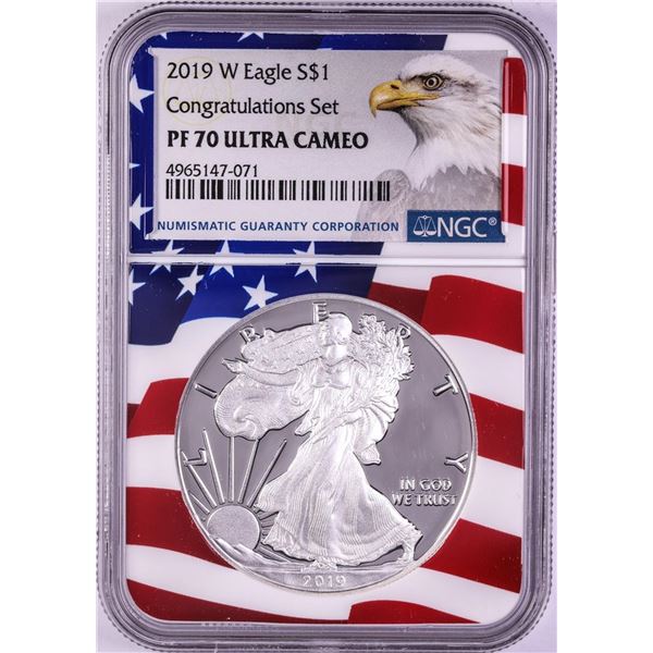 2019-W $1 Proof American Silver Eagle Coin NGC PF70 Ultra Cameo Congratulations Flag