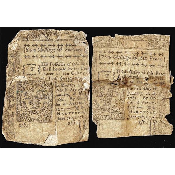 Lot of (2) June 7, 1776 Two Shillings & Six Pence Connecticut Colonial Currency Notes