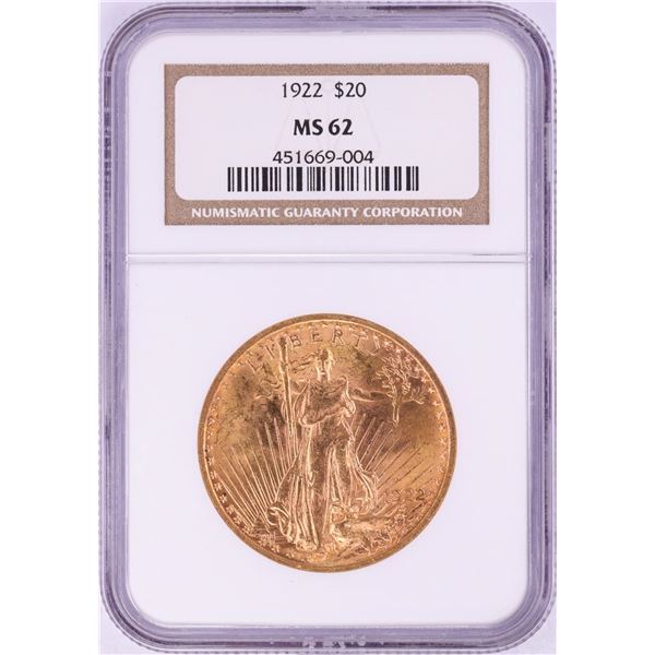 1922 $20 St. Gaudens Double Eagle Gold Coin NGC MS62