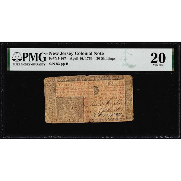 April 16, 1764 New Jersey 30 Shilling Colonial Currency Note NJ-167 PMG Very Fine 20