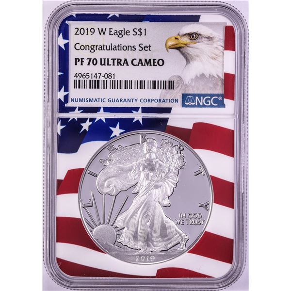 2019-W $1 Proof American Silver Eagle Coin NGC PF70 Ultra Cameo Congratulations Flag