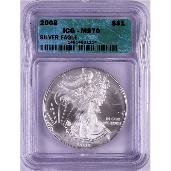 2008 $1 American Silver Eagle Coin ICG MS70