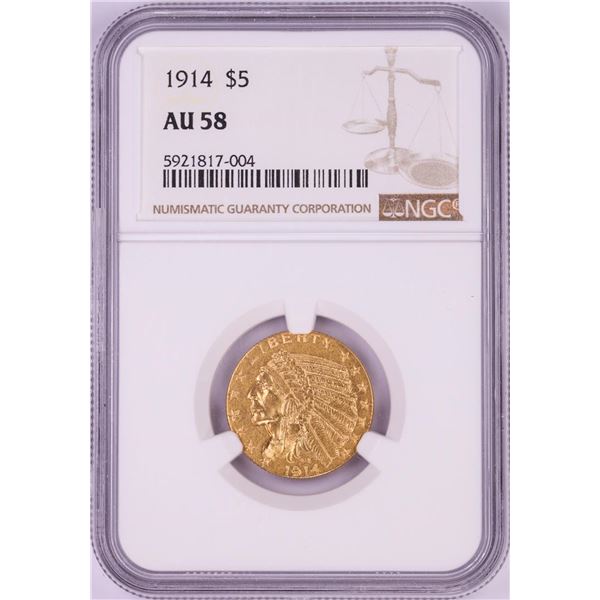 1914 $5 Indian Head Half Eagle Gold Coin NGC AU58