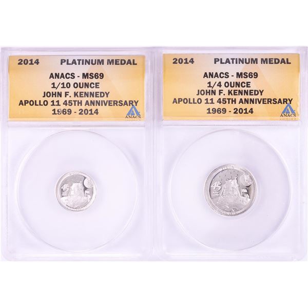 Set of 2014 Proof 1/10 & 1/4 oz Platinum JFK Apollo 11 Anniversary Medals ANACS MS69