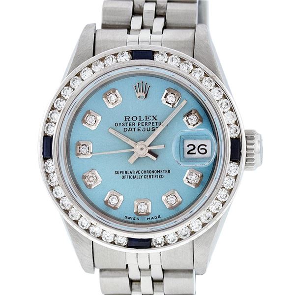 Rolex Ladies Stainless Steel Blue Diamond & Channel Set Sapphire Datejust Wristwatch