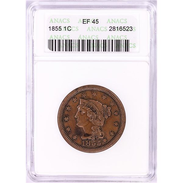 1855 Braided Hair Large Cent Coin ANACS EF45