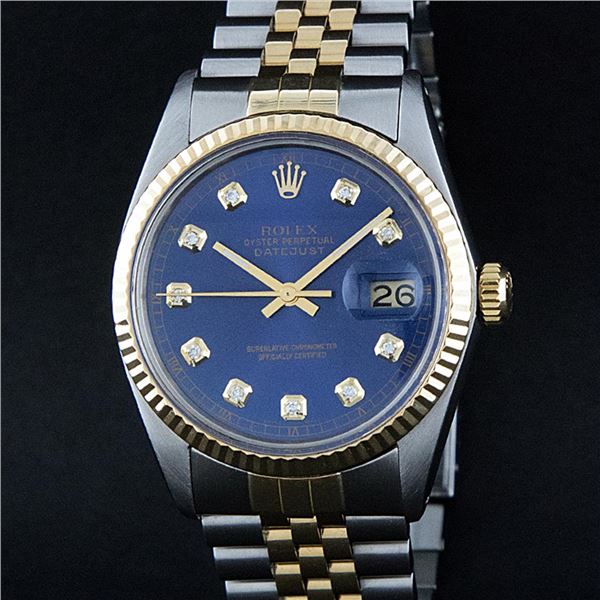 Rolex Men's Two Tone Blue Diamond Oyster Perpetual Datejust Wristwatch