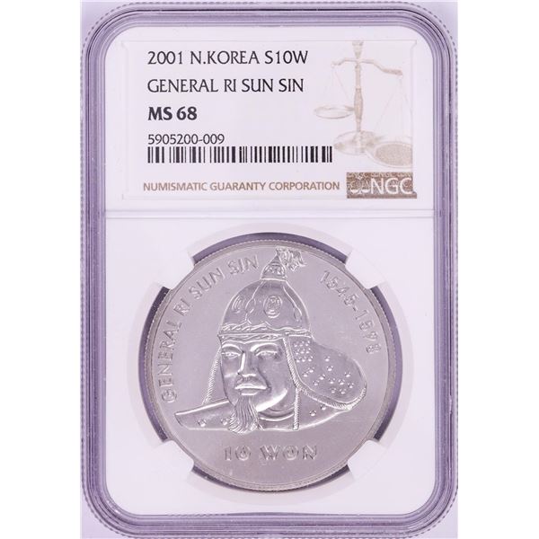 2001 N. Korea 10 Won General Ri Sun Sin Silver Coin NGC MS68