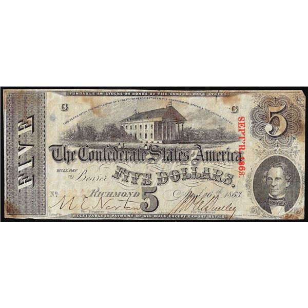 1863 $5 The Confederate States of America Note
