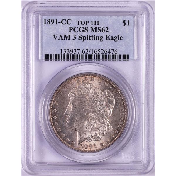 1891-CC VAM-3 Spitting Eagle $1 Morgan Silver Dollar Coin PCGS MS62 Top 100