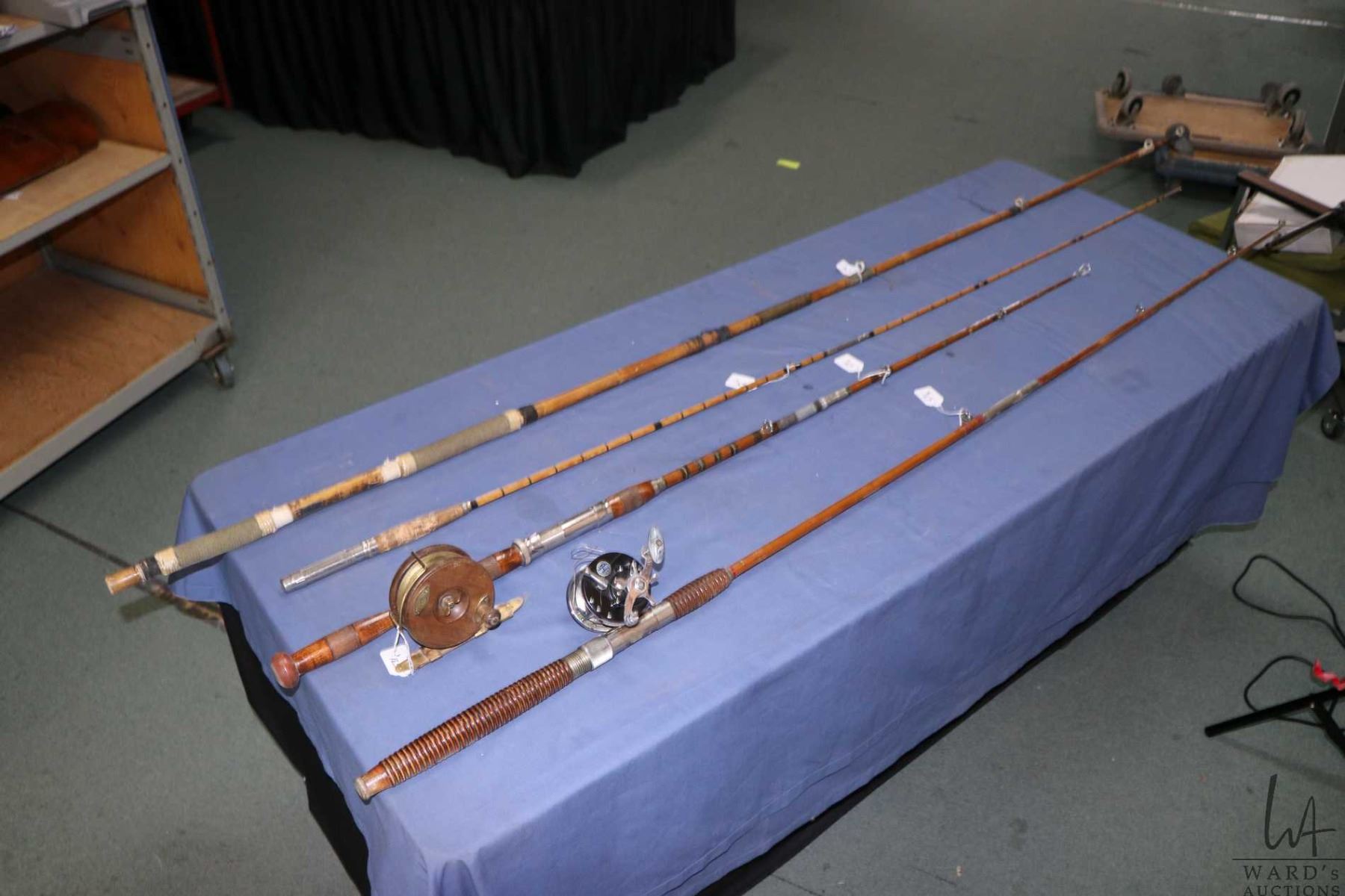 Selection of vintage bamboo and split cane fishing rods, one with reel ...