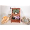 Image 1 : Small wooden jewel box and contents including necklaces, Elgin gold filled pocket watch, not working