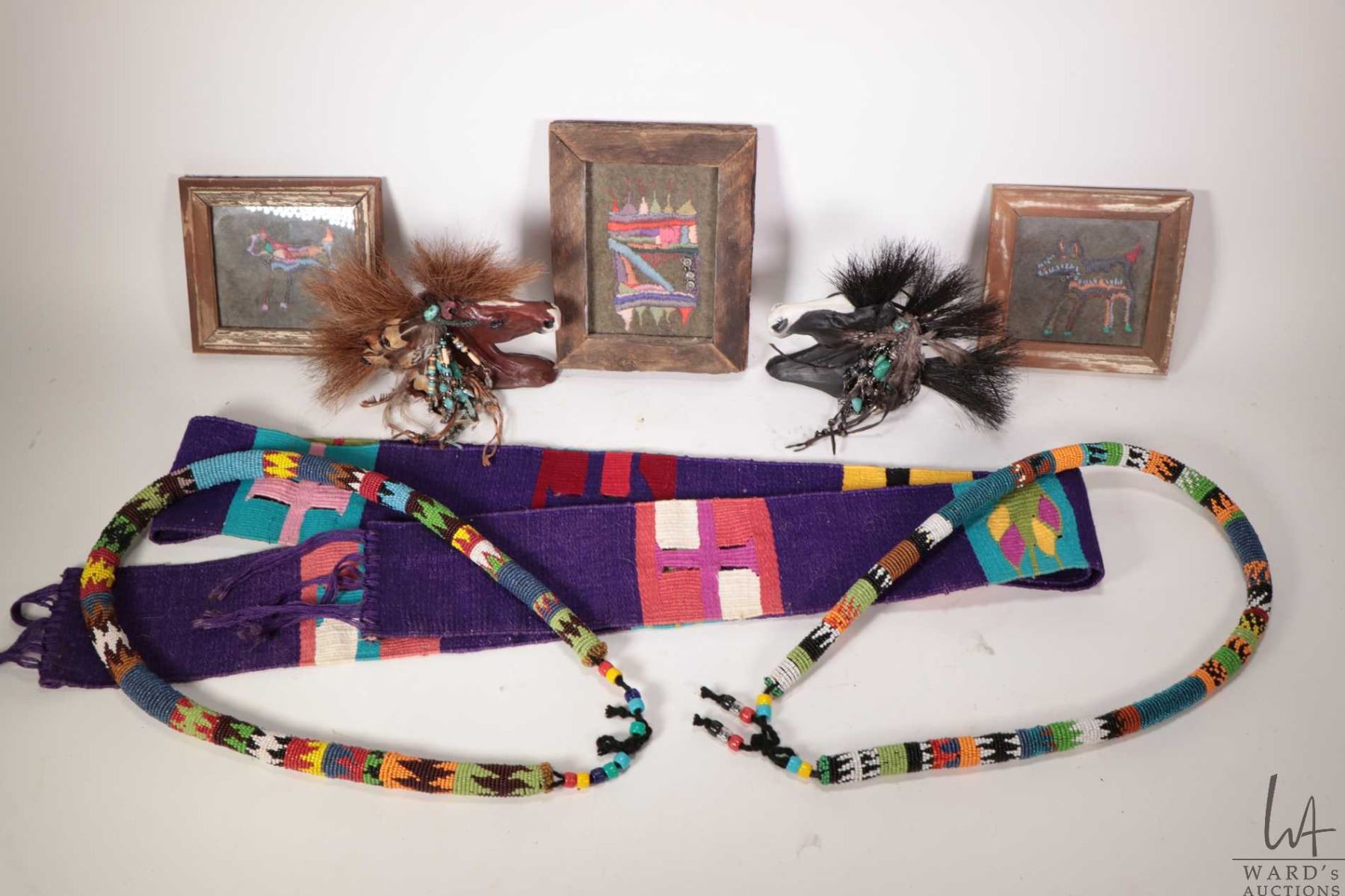Selection of native artifacts including woven beaded ropes, needlework ...