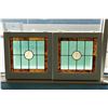 Image 1 : Pair of matching wood framed stained glass panels with hand painted center medallions including grif