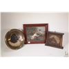 Image 1 : Three pieces of original artwork including dog portrait on brass tray, horse in deco style oak frame