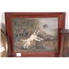 Image 3 : Three pieces of original artwork including dog portrait on brass tray, horse in deco style oak frame