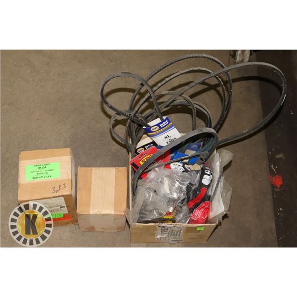 BOX OF ASSORTED FAN BELTS, HOSE CLAMPS AND MORE