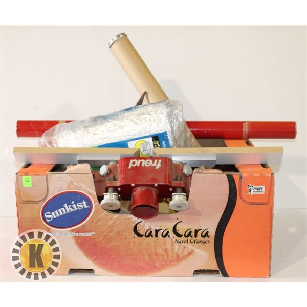 BOX OF ASSORTED TOOLS INCLUDING DUCT INSULATION