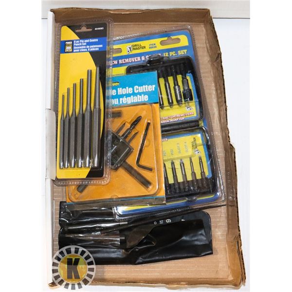 ADJUSTABLE HOLE CUTTER, CENTRE PUNCH SET AND MORE