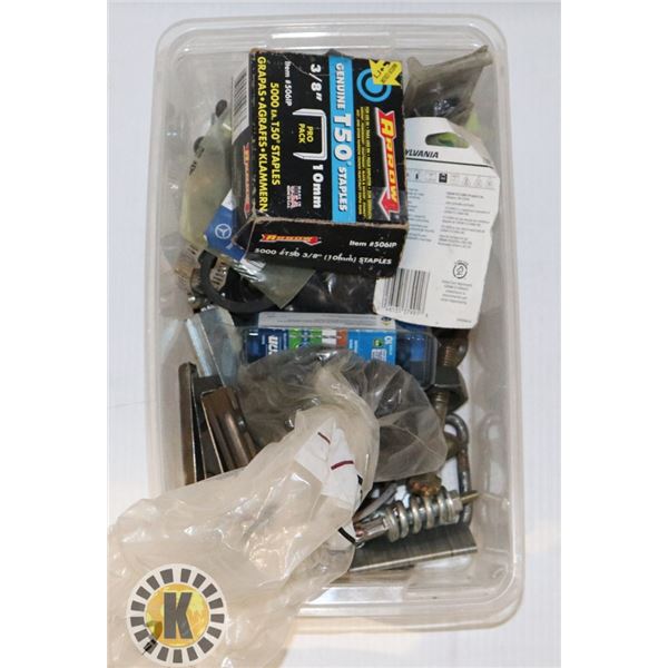SMALL TOTE OF STAPLES, ASSORTED FASTENERS AND MORE