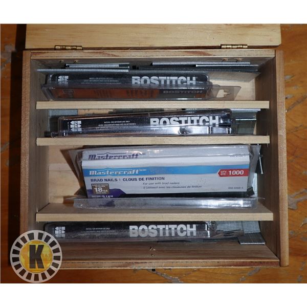 WOODEN BOX OF ASSORTED FASTENERS