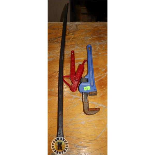 LOT OF PIPE WRENCH, PRY BAR AND MORE