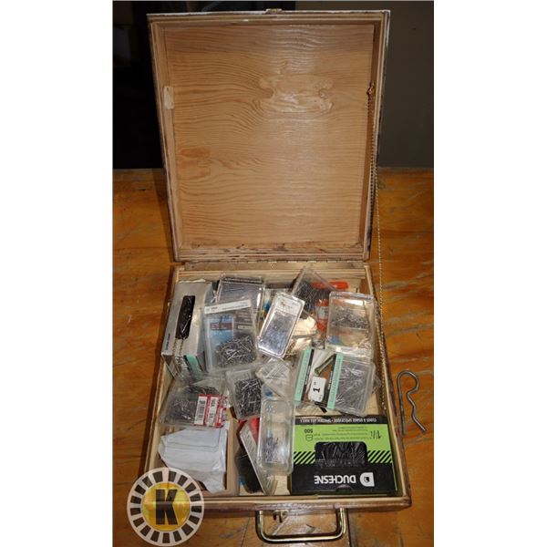 WOOD BOX OF ASSORTED FINISHING NAILS