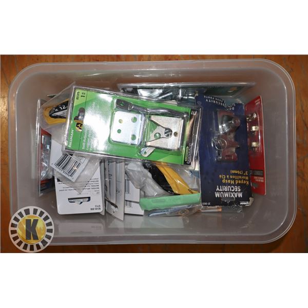 TOTE OF ASSORTED HARDWARE INCLUDING HINGES,