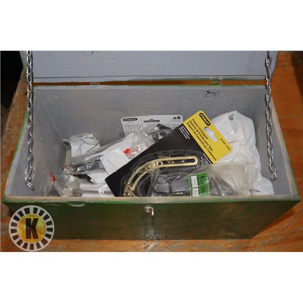 WOOD BOX OF ASSORTED HARDWARE (MOST NEW)