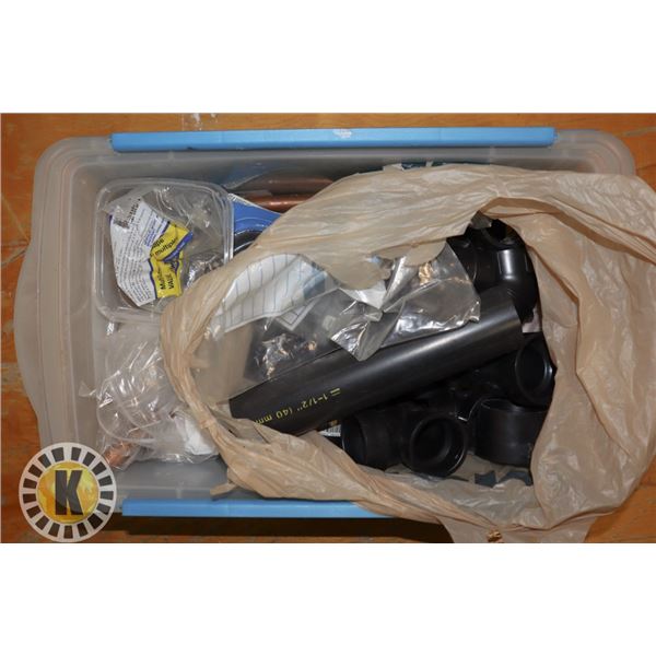 TOTE OF ASSORTED PLUMBING SUPPLIES