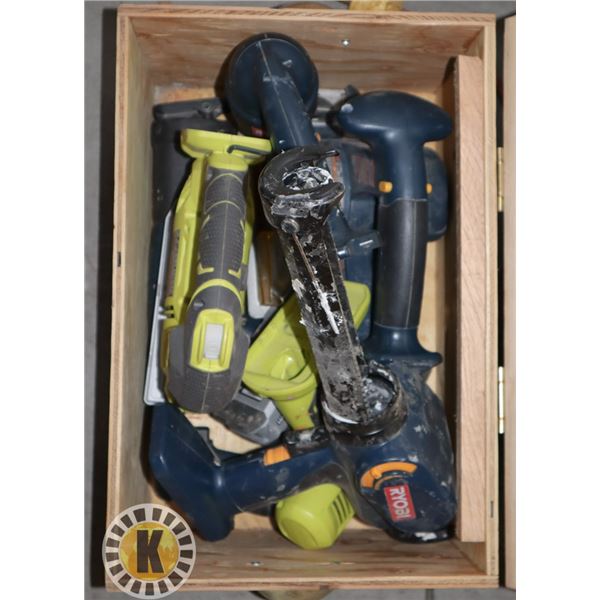BOX OF RYOBI CORDLESS TOOLS (NO CHARGER)