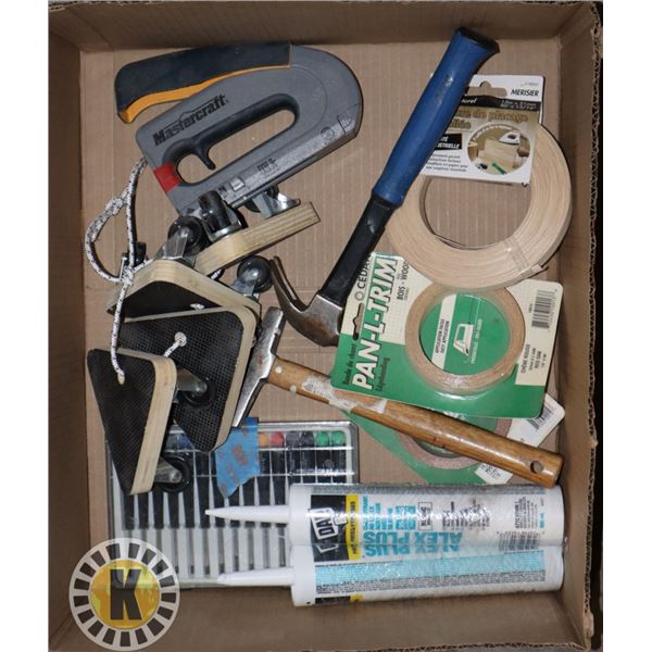 BOX OF ASSORTED TOOLS AND HARDWARE