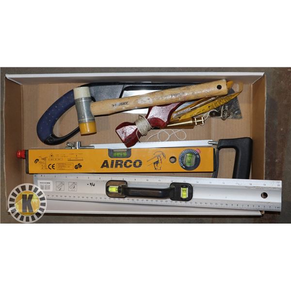 BOX WITH LEVELS, PLUM BOB, HAMMER, AND MORE