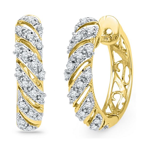 Round Diamond Diagonal Stripe Hoop Earrings 1/6 Cttw 10KT Yellow Gold