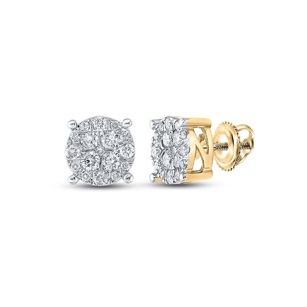 Round Diamond Circle Frame Cluster Earrings 1 Cttw 14KT Yellow Gold