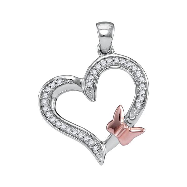 Round Diamond Heart Rose-tone Butterfly Bug Pendant 1/10 Cttw 10KT White Gold