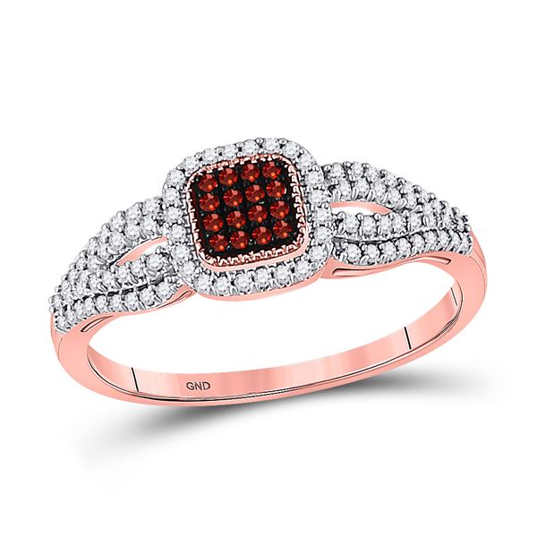 Round Red Color Enhanced Diamond Square Cluster Ring 1/4 Cttw 10KT Rose Gold
