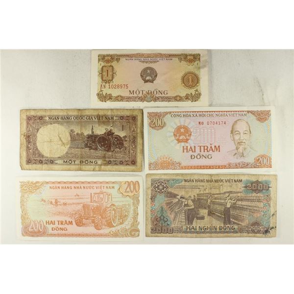 5 PIECES OF VIETNAM CURRENCY 2-1 DONG, 2-200 DONG