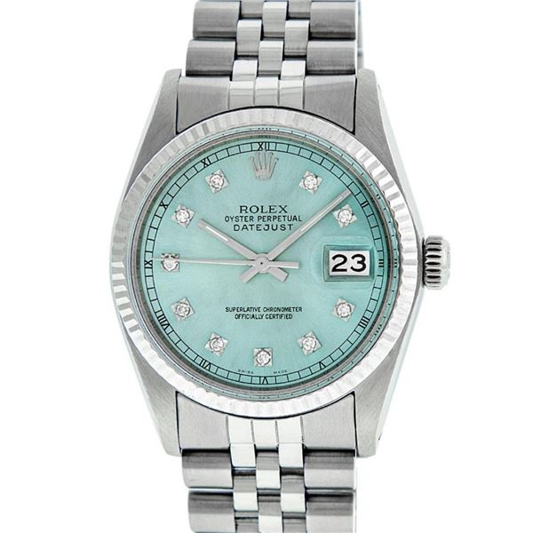 Rolex Mens Stainless Steel Ice Blue Diamond Oyster Perpetual 36MM Datejust Wrist