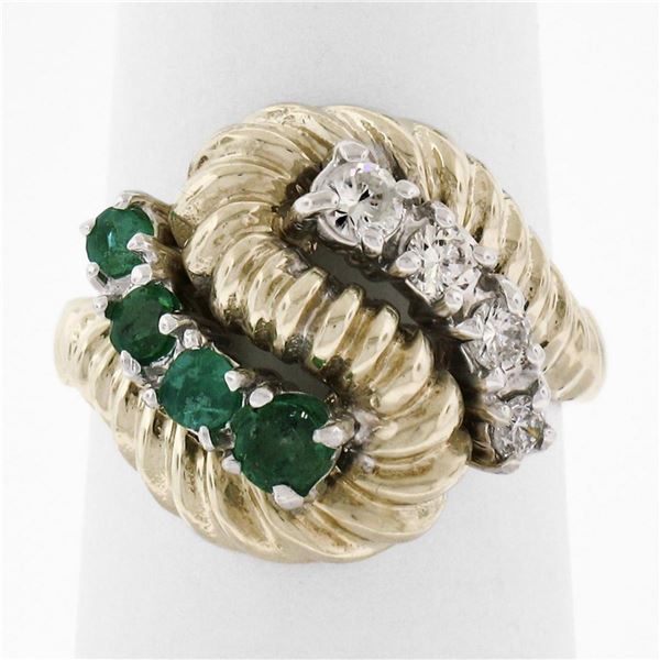 Vintage 14K Yellow Gold .59 ctw Emerald Diamond Rope Texture Ribbed Freeform Rin