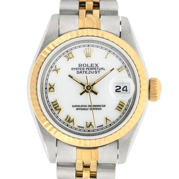 Rolex Ladies 2 Tone White Roman 26MM Oyster Perpetual Datejust Wristwatch