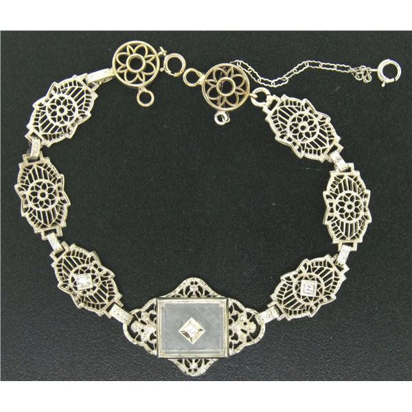 Antique Art Deco 14kt White Gold Camphor Glass and Damond Bracelet