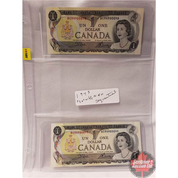 Canada $1 Bills 1973 (2 Sequential) : Crow/Bouey BCR4900098/4900099 (See Pics for Signatures/Serial 